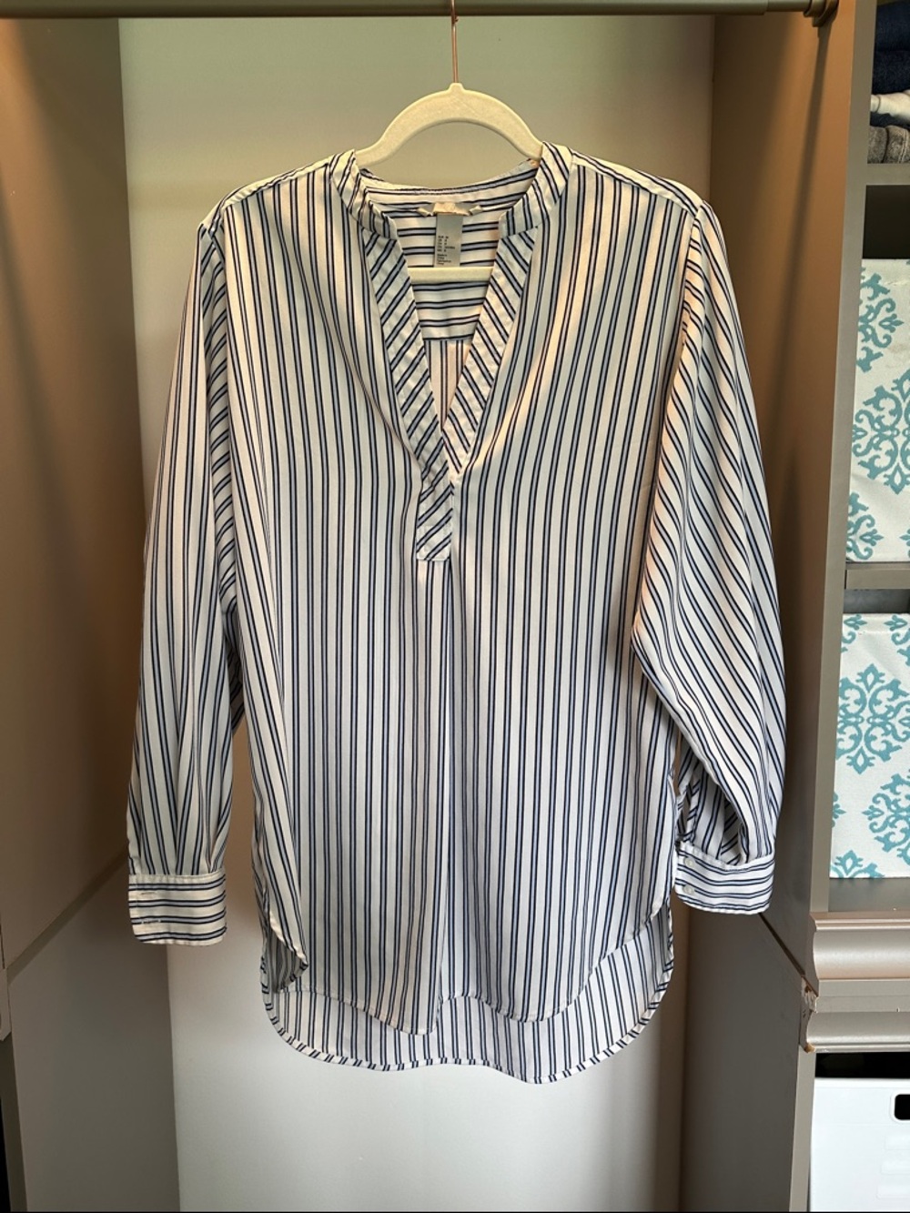 H&M White, Navy and black Vertical-Stripe V-Neck Blouse